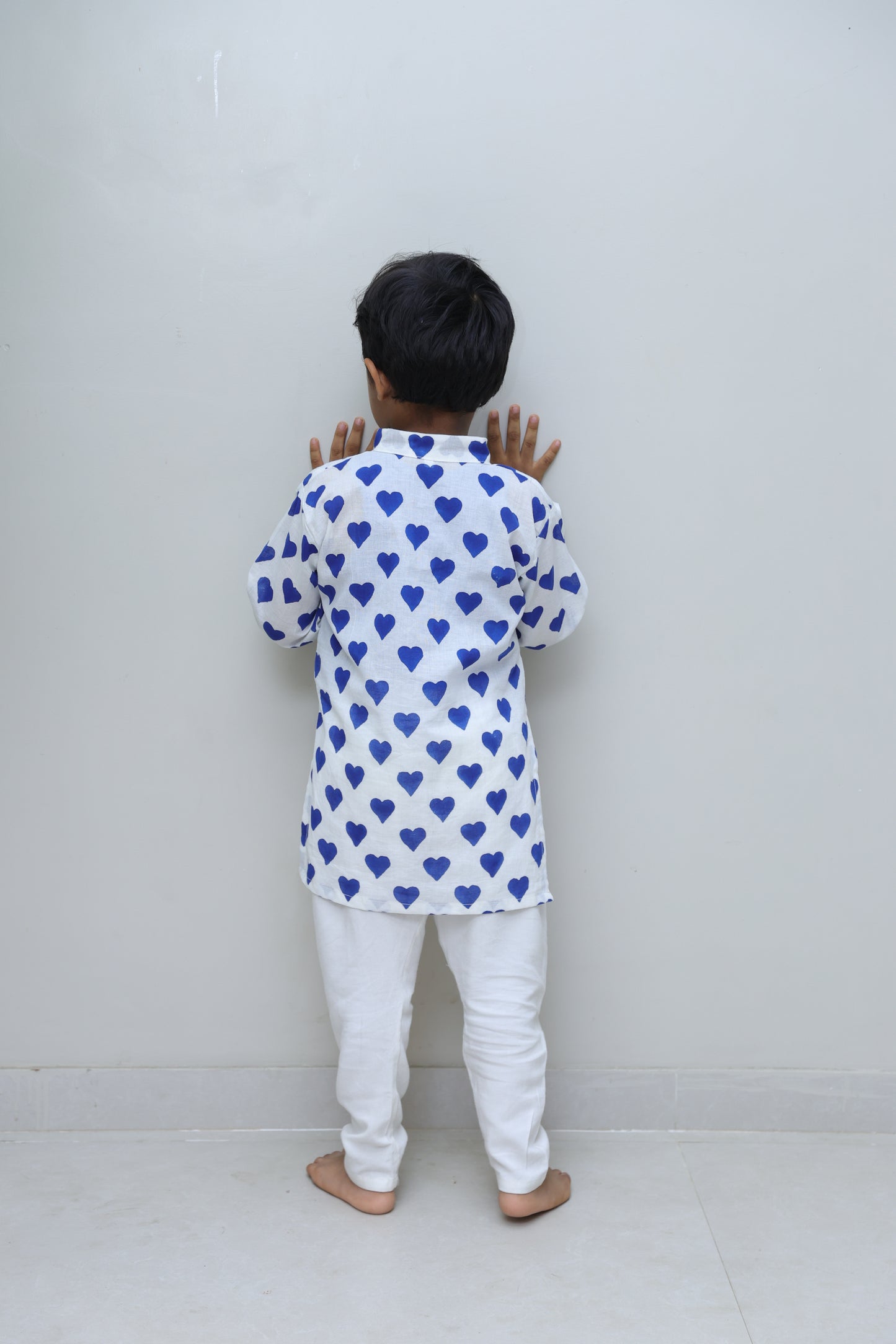 Pure cotton kurta with blue hearts and White Pajama