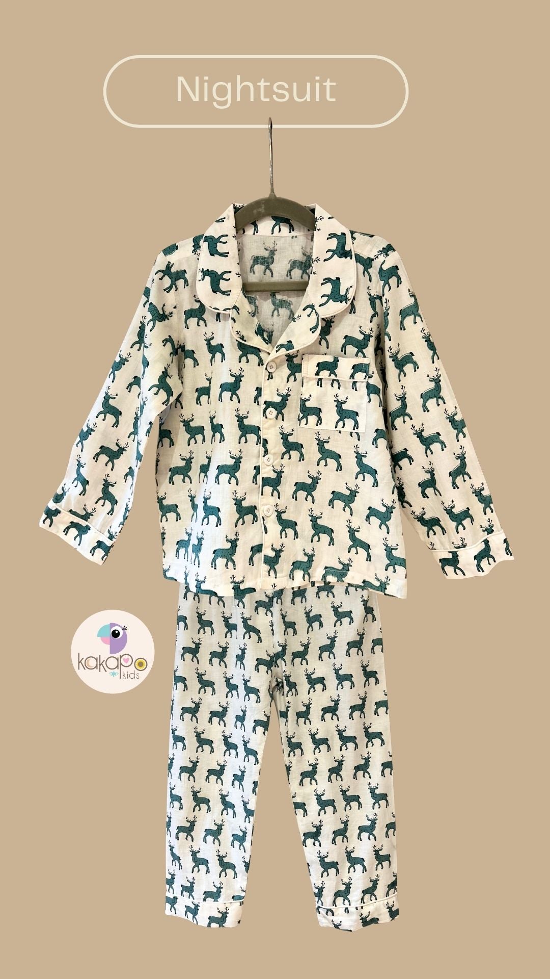 🦌 Teal Deer Print Pure Cotton Night Suit