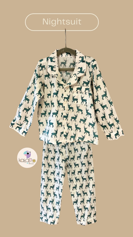 🦌 Teal Deer Print Pure Cotton Night Suit