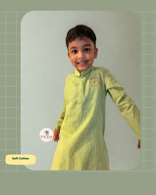 Green Cotton Kurta with Little Lion Embroidery 🦁