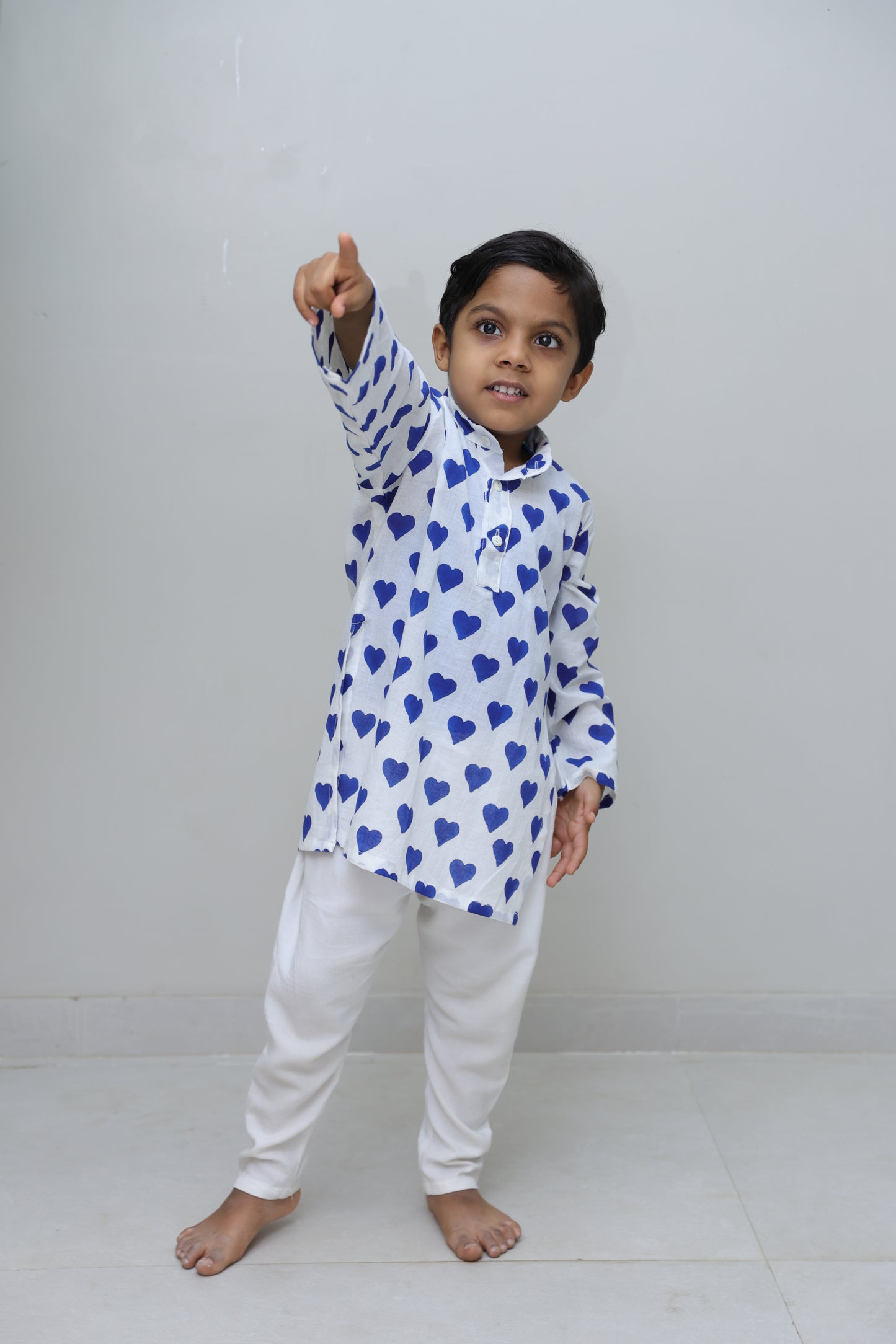 Pure cotton kurta with blue hearts and White Pajama