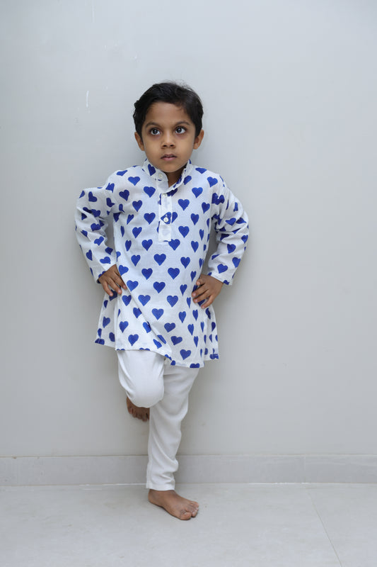 Pure cotton kurta with blue hearts and White Pajama