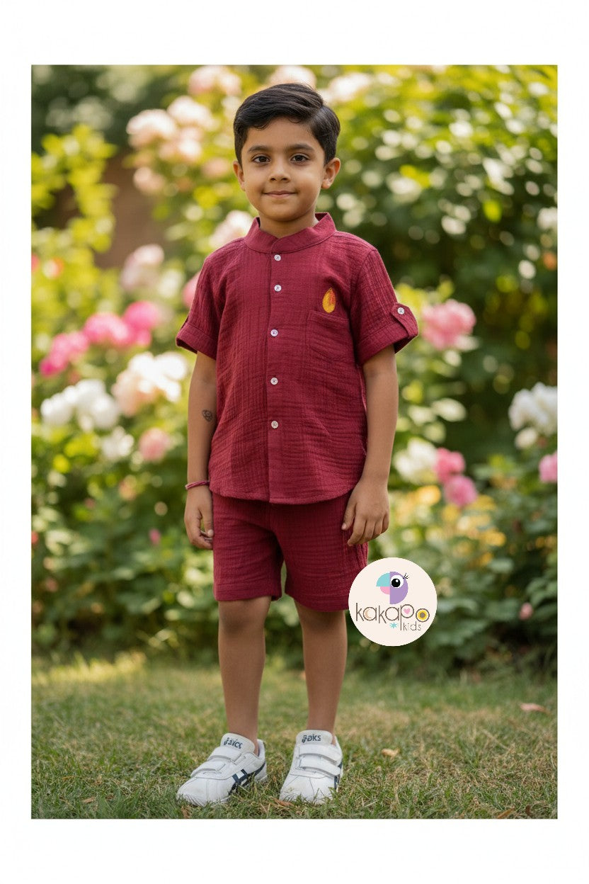 Soft Muslin Shirt & Shorts Set – Maroon
