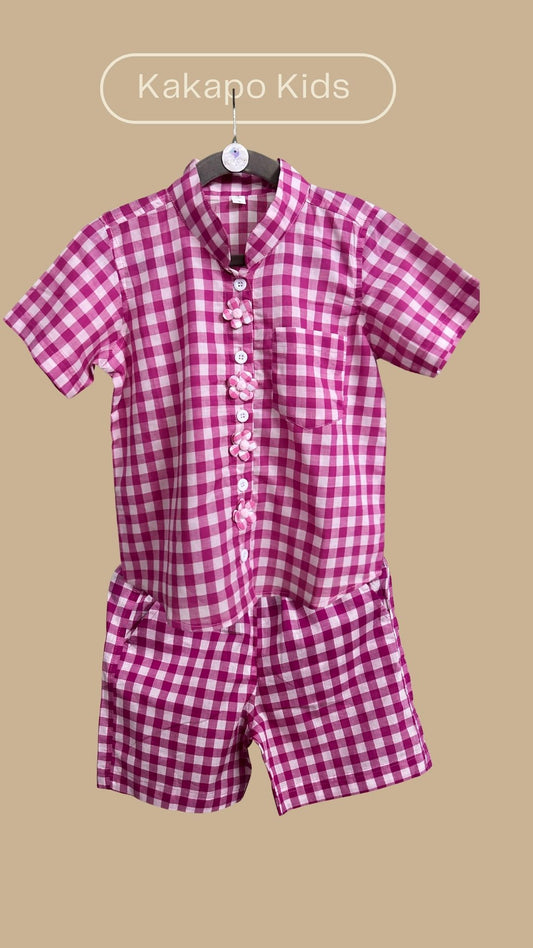 Pink Gingham Flower Button Co-ord Set