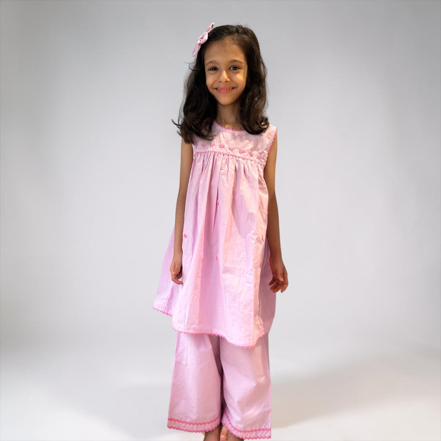 Pure Cotton Hand Embroidery Heart Kurta Set for Girls - Lavender