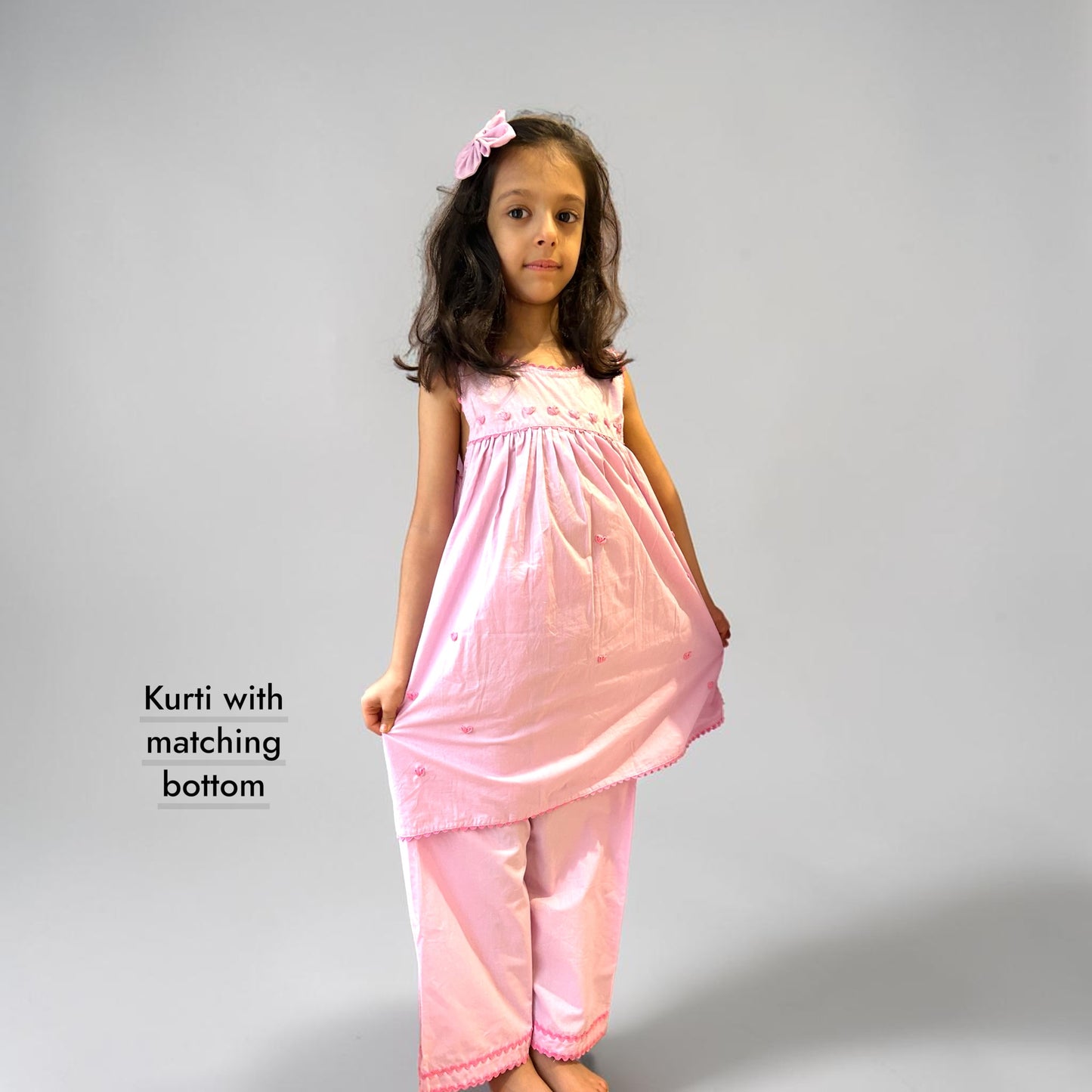 Pure Cotton Hand Embroidery Heart Kurta Set for Girls - Lavender