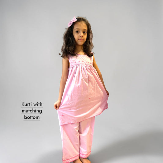Pure Cotton Hand Embroidery Heart Kurta Set for Girls - Lavender